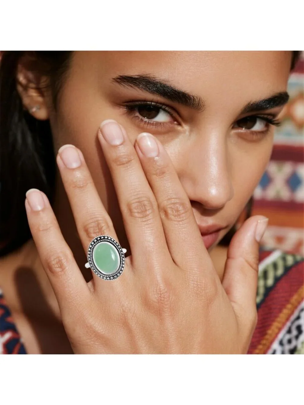 Boho Natural Oval Stone Ring, Antique S925 Silver Crystal Quartz Gemstone